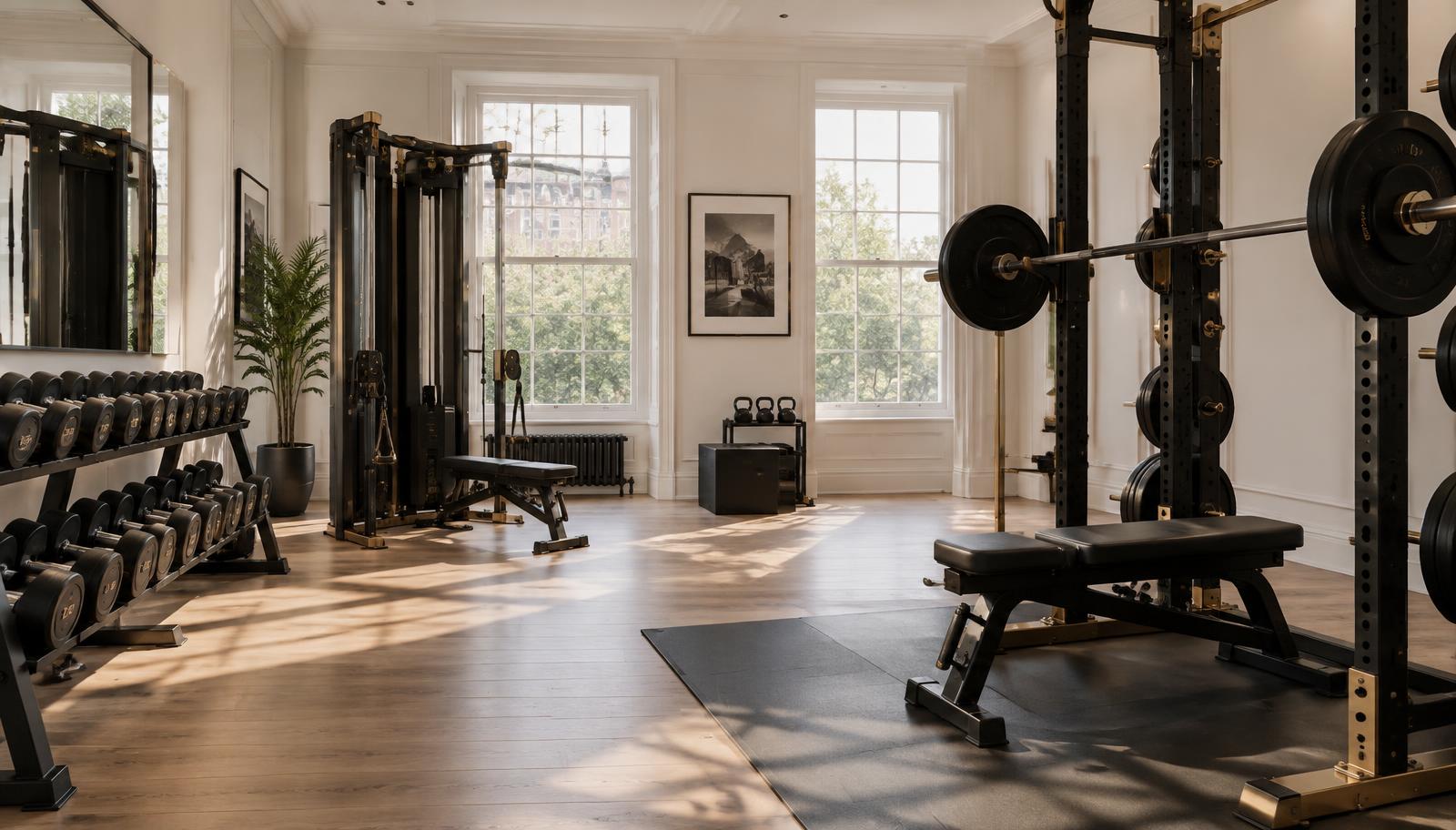 Luxury private gym with strength equipment in a bright white interior