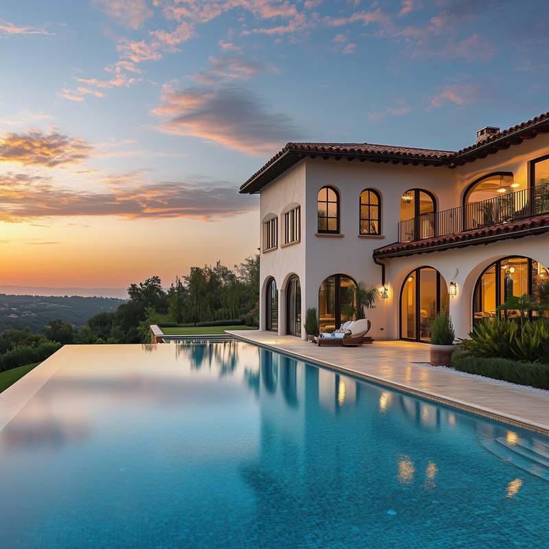 Private villa pool at sunset