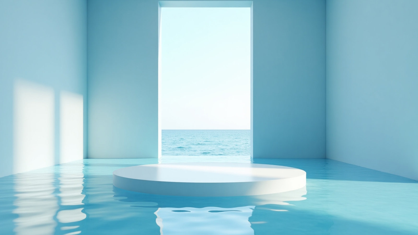 Round platform over still water facing the sea